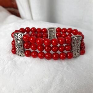 Red Jade 3 Strand Beaded Bracelet